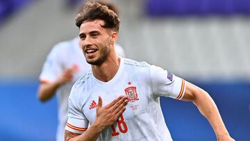 Javier Puado of Spain celebrates after he scored during the 2021 UEFA European Under-21 Championship quarterfinal match between Spain vs Croatia at Ljudski Vrt stadium in Maribor, Slovenia, on May 31, 2021. (Photo by JOE KLAMAR / AFP)