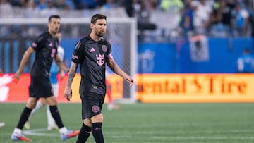 Sep 13, 2025; Charlotte, North Carolina, USA; Inter Miami forward Lionel Messi (10) follows the action during the first half against the Charlotte FC at Bank of America Stadium. Mandatory Credit: Scott Kinser-Imagn Images