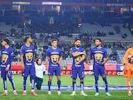 Jorge Ruvalcaba, Jose Caicedo, ROdrigo Lopez, Ruben Duarte, Nathanael Ananias and Keylor Navas of Pumas during the Play-In match between Pachuca and Pumas UNAM as part of the Liga BBVA MX, Torneo Apertura 2025 at Hidalgo Stadium, on November 20, 2025 in Pachuca, Hidalgo, Mexico.