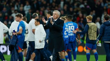 Carlo Ancelotti, a la finalización del encuentro correspondiente a la vuelta de los octavos de final de la Liga de Campeones que Real Madrid y RB Leipzig jugaron el pasado miércoles.