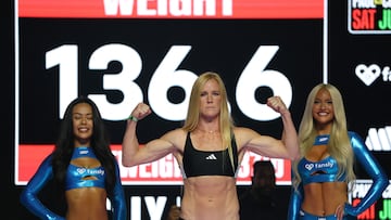 ANAHEIM, CALIFORNIA - JUNE 27: Holly Holm poses during a ceremonial weigh-in before her fight against Yolanda Vega at Honda Center on June 27, 2025 in Anaheim, California. Harry How/Getty Images/AFP (Photo by Harry How / GETTY IMAGES NORTH AMERICA / Getty Images via AFP)