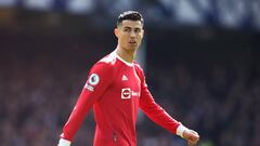 LIVERPOOL, ENGLAND - APRIL 09: Cristiano Ronaldo of Manchester United looks on during the Premier League match between Everton and Manchester United at Goodison Park on April 09, 2022 in Liverpool, England. (Photo by Chris Brunskill/Fantasista/Getty Images)