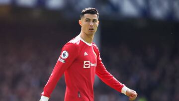 LIVERPOOL, ENGLAND - APRIL 09: Cristiano Ronaldo of Manchester United looks on during the Premier League match between Everton and Manchester United at Goodison Park on April 09, 2022 in Liverpool, England. (Photo by Chris Brunskill/Fantasista/Getty Images)