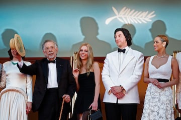 Director Francis Ford Coppola poses on the red carpet with cast members  Aubrey Plaza,  Romy Mars Croquet, Nathalie Emmanuel and  Adam Driver, during arrivals for the screening of the film "Megalopolis" in competition at the 77th Cannes Film Festival in Cannes, France, May 16, 2024. REUTERS/Stephane Mahe