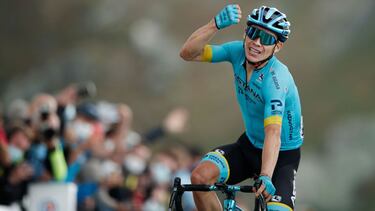 Team Astana rider Colombia's Miguel Angel Lopez celebrates as he crosses the finish line atop the Loze pass (Col de la Loze) at the end of the 17th stage of the 107th edition of the Tour de France cycling race, 170 km between Grenoble and Meribel, on Sept