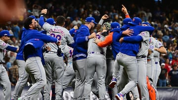 Oct 3, 2024; Milwaukee, Wisconsin, USA; The New York Mets celebrate after defeating the Milwaukee Brewers in game three of the Wildcard round for the 2024 MLB Playoffs at American Family Field. Mandatory Credit: Benny Sieu-Imagn Images