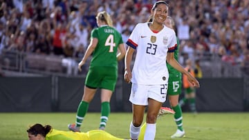 PASADENA, CALIFORNIA - AUGUST 03: Christen Press #23 of the United States reacts after her missed shot in front of Marie Hourihan #1 of the Republic of Ireland during the first half of the first game of the USWNT Victory Tour at Rose Bowl on August 03, 20