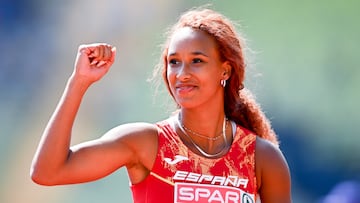 La atleta española María Vicente, durante una prueba del heptatlón de los Europeos de Atletismo de Múnich 2022.