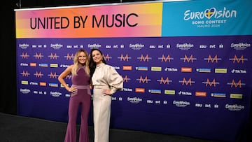 Hosts Malin Akerman and Petra Mede pose for a picture during a press conference ahead of the 68th edition of the Eurovision Song Contest (ESC) at Malmo Arena, in Malmo, Sweden, Monday, May 6, 2024. TT News Agency/Jessica Gow/via REUTERS ATTENTION EDITORS - THIS IMAGE WAS PROVIDED BY A THIRD PARTY. SWEDEN OUT. NO COMMERCIAL OR EDITORIAL SALES IN SWEDEN.