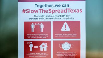 AUSTIN, TX - 3 DE MARZO: Un letrero de restricción Covid-19 cuelga afuera del supermercado H-E-B el 3 de marzo de 2021 en Austin, Texas.