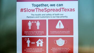 AUSTIN, TX - 3 DE MARZO: Un letrero de restricci&oacute;n Covid-19 cuelga afuera del supermercado H-E-B el 3 de marzo de 2021 en Austin, Texas.
 
 