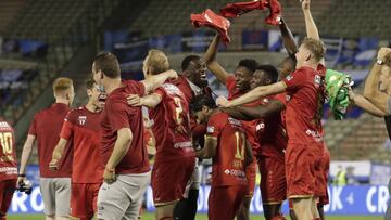 Brussels (Belgium), 01/08/2020.- Antwerp players celebrate after winning the 66th Belgian Cup Final, also named Croky Cup, Club Brugge versus Antwerp at King Baudouin stadium in Brussels, Belgium, 01 August 2020. All sports in Belgium had been cancelled d