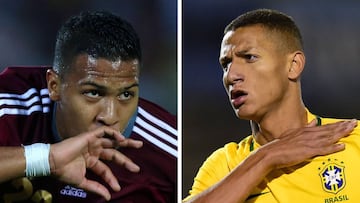 Composition made on June 17, 2019 with file pictures of Venezuela&#039;s Jose Salomon Rondon (L) celebrating a goal against Colombia during their Brazil 2014 FIFA World Cup South American qualifier football match, in Puerto Ordaz, Venezuela, on March 26, 