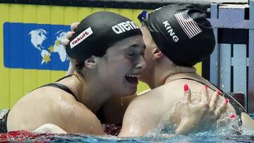 Swimming - 18th FINA World Swimming Championships - Women's 50m Breaststroke Final - Nambu University Municipal Aquatics Center, Gwangju, South Korea - July 28, 2019. Lilly King of the U.S. and Benedetta Pilato of Italy react after the race. REUTERS/Evgenia Novozhenina