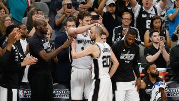 SAN ANTONIO, TX - MAY 22: Manu Ginobili #20 of the San Antonio Spurs high fives teammates as he comes off the court in the second half against the Golden State Warriors during Game Four of the 2017 NBA Western Conference Finals at AT&T Center on May 22, 2017 in San Antonio, Texas. NOTE TO USER: User expressly acknowledges and agrees that, by downloading and or using this photograph, User is consenting to the terms and conditions of the Getty Images License Agreement. Ronald Cortes/Getty Images/AFP
== FOR NEWSPAPERS, INTERNET, TELCOS & TELEVISION USE ONLY ==