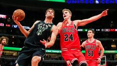 THM26. CHICAGO (ESTADOS UNIDOS), 25/02/2019.- El p&iacute;vot Brook Lopez (i) de Milwaukee Bucks en acci&oacute;n ante el alero finland&eacute;s Lauri Markkanen (d) de Chicago Bulls este lunes durante un juego de la NBA entre Chicago Bulls y Milwaukee Bucks, en el United Center de Chicago, Illinois (EE .UU.). EFE/ Tannen Maury PROHIBIDO SU USO POR SHUTTERSTOCK