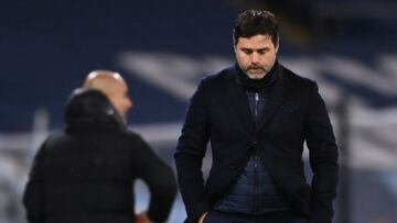 MANCHESTER, ENGLAND - MAY 04: Mauricio Pochettino, Head Coach of Paris Saint-Germain reacts  during the UEFA Champions League Semi Final Second Leg match between Manchester City and Paris Saint-Germain at Etihad Stadium on May 04, 2021 in Manchester, Engl