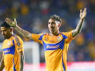 Tigres' Uruguayan midfielder #08 Fernando Gorriaran celebrates his team's second goal during the Liga MX Clausura football match between Tigres and Mazatlan at the Universitario (UANL) Stadium in San Nicolas de los Garza, Nuevo Leon State, Mexico on January 17, 2025. (Photo by Julio Cesar AGUILAR / AFP)