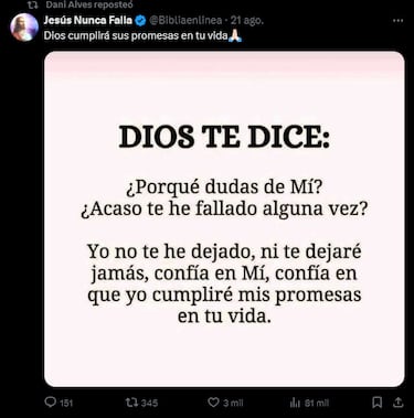 Los preocupantes mensajes de Dani Alves en redes sociales: “Tengo miedo de lo que viene”