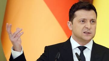 FILED - 14 February 2022, Ukraine, Kiev: Ukrainian President Volodymyr Zelensky speaks during a press conference at St. Mary&#039;s Palace. Photo: Kay Nietfeld/dpa
 14/02/2022 ONLY FOR USE IN SPAIN