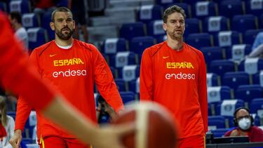 GRAF4300. MADRID, 03/08/2021.- Fotografía de archivo, tomada el 05/07/2021, de los pívots de la selección española de baloncesto, Pau (d) y Marc Gasol (i), que anunciaron este martes su retirada de la selección española tras su derrota contra Estados Unid