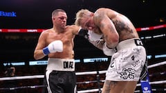Aug 5, 2023; Dallas, Texas, USA;  Jake Paul (right) fights against Nate Diaz in a boxing match at American Airlines Center. Mandatory Credit: Kevin Jairaj-USA TODAY Sports