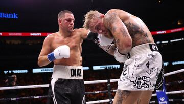 Aug 5, 2023; Dallas, Texas, USA;  Jake Paul (right) fights against Nate Diaz in a boxing match at American Airlines Center. Mandatory Credit: Kevin Jairaj-USA TODAY Sports