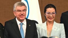 Newly elected International Olympic Committee (IOC) member Malaysian actress Michelle Yeoh (R) poses next to IOC President Thomas Bach during the third day of the 141st IOC session in Mumbai on October 17, 2023. Yeoh was voted onto the International Olympic Committee on October 17. The first Asian woman to win an Academy Award -- when she scooped best actress for "Everything Everywhere All at Once" earlier this year -- was elected by 67 votes to nine, with one abstention. (Photo by INDRANIL MUKHERJEE / AFP)