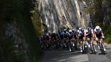 UAE Team Emirates�s Slovenian rider Domen Novak leads the pack of riders (peloton) during the 119th edition of the Giro di Lombardia (Tour of Lombardy), a 238km cycling race from Como to Bergamo on October 11, 2025. (Photo by Marco BERTORELLO / AFP)