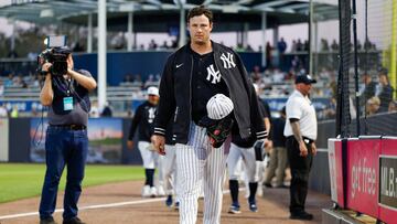 TAMPA, FLORIDA - FEBRUARY 28: Gerrit Cole #45 of the New York Yankees walks towards the dugout from the bullpen prior to a spring training game against the Toronto Blue Jays at George M. Steinbrenner Field on February 28, 2025 in Tampa, Florida. Brandon Sloter/Getty Images/AFP (Photo by Brandon Sloter / GETTY IMAGES NORTH AMERICA / Getty Images via AFP)