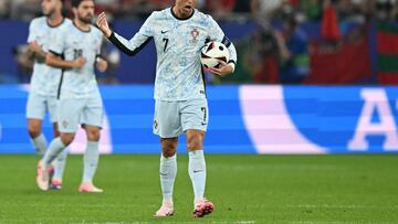 Portugal's forward #07 Cristiano Ronaldo reacts after his team conceded a second goal during the UEFA Euro 2024 Group F football match between Georgia and Portugal at the Arena AufSchalke in Gelsenkirchen on June 26, 2024. (Photo by PATRICIA DE MELO MOREIRA / AFP)