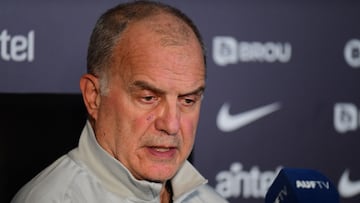 Uruguay's Argentine head coach Marcelo Bielsa gestures during a press conference in Montevideo on November 20, 2025. (Photo by Dante FERNANDEZ / AFP)