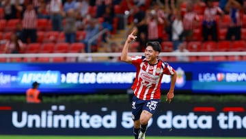 Cristian Inda celebrates his goal 3-1 of Guadalajara during the 10th round match between Guadalajara and Necaxa as part of the Liga BBVA MX, Torneo Apertura 2025 at Akron Stadium, on September 23, 2025 in Guadalajara, Jalisco, Mexico.