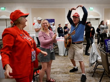 Simpatizantes del partido Republicano reaccionan a los resultados electorales durante una fiesta de observación nocturna de las elecciones republicanas en el Hotel Ingleside en Pewaukee, Wisconsin, EE. UU.