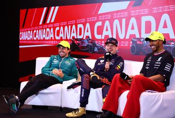 Fernando Alonso (Aston Martin), Max Verstappen (Red Bull) y Lewis Hamilton (Mercedes). Montreal, Canadá. F1 2023.