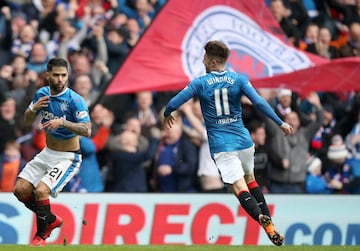 GLASGOW, SCOTLAND - MARCH 11: Daniel Joao Santos Candeias of Rangers celebrates after scoring his sides second goal with Josh Windass of Rangers during the Ladbrokes Scottish Premiership match between Rangers and Celtic at Ibrox Stadium on March 11, 2018 