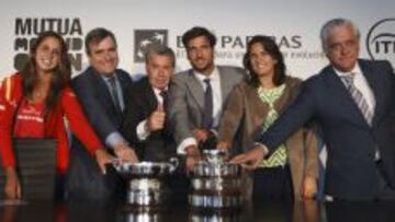 Eva Guerrero, Miguel Cardenal, Manolo Santana, Feliciano L&oacute;pez, Conchita Mart&iacute;nez y Fernando Fern&aacute;ndez-Ladreda, en la presentaci&oacute;n en la Caja M&aacute;gica. 