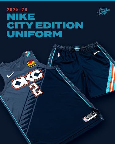 El uniforme City Edition de los Oklahoma City Thunder para la temporada 2025/26 rinde homenaje a las culturas nativas e indígenas de Oklahoma. Es negro con formas geométricas que forman las letras 'OKC' en el pecho, una banda diagonal en tonos 'Thunder Sunset' que cruza el hombro y la pierna del pantalón, y un símbolo de tortuga bajo la abertura del short, representando resistencia y conexión con la tierra.
