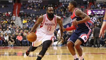 Nov 7, 2016; Washington, DC, USA; Houston Rockets guard James Harden (13) dribbles the ball as Washington Wizards guard Bradley Beal (3) defends in the second quarter at Verizon Center. The Rockets won 114-106. Mandatory Credit: Geoff Burke-USA TODAY Sports