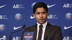 PARIS, FRANCE - AUGUST 11: President Nasser Al Khelaifi answers journalists during a conference of Paris Saint-Germain at Parc des Princes on August 11, 2021 in Paris, France. (Photo by Sebastien Muylaert/Getty Images)