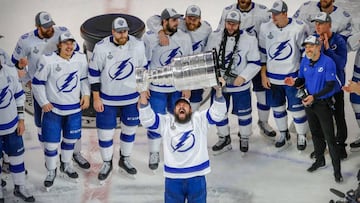 Sep 28, 2020; Edmonton, Alberta, CAN; Tampa Bay Lightning defenseman Zach Bogosian (24) hoists the Stanley Cup after defeating the Dallas Stars in game six of the 2020 Stanley Cup Final at Rogers Place. Mandatory Credit: Perry Nelson-USA TODAY Sports