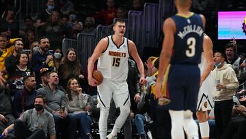 Mar 6, 2022; Denver, Colorado, USA; Denver Nuggets center Nikola Jokic (15) reacts in the fourth quarter against the New Orleans Pelicans at Ball Arena. Mandatory Credit: Ron Chenoy-USA TODAY Sports