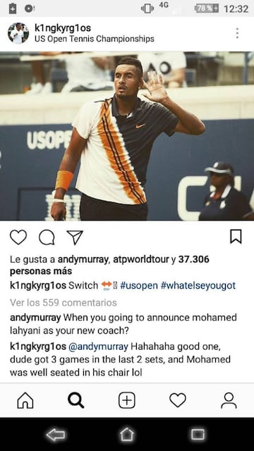 Conversación en Instagram entre Nick Kyrgios y Andy Murray tras la polémica del australiano con el juez de silla Mohamed Lahyani.
