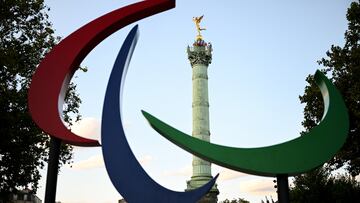 Paris , France - 25 August 2024; A general view of the Agito logo at Place de la Bastille in advance of the Paris 2024 Paralympic Games in Paris, France. (Photo By Ramsey Cardy/Sportsfile via Getty Images)
