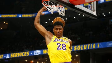 Apr 12, 2024; Memphis, Tennessee, USA; Los Angeles Lakers forward Rui Hachimura (28) dunks during the first half against the Memphis Grizzlies at FedExForum. Mandatory Credit: Petre Thomas-USA TODAY Sports