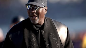 TALLADEGA, ALABAMA - APRIL 21: Michael Jordan, NBA Hall of Famer and co-owner of 23XI Racing reacts after Tyler Reddick, driver of the #45 Jordan Brand Toyota, wins the NASCAR Cup Series GEICO 500 at Talladega Superspeedway on April 21, 2024 in Talladega, Alabama.   James Gilbert/Getty Images/AFP (Photo by James Gilbert / GETTY IMAGES NORTH AMERICA / Getty Images via AFP)