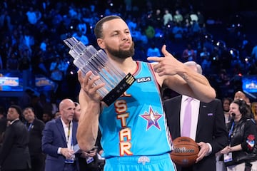 Stephen Curry posando con el trofeo que le otorga como mejor jugador del juego del All-Star 2025.