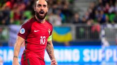 Portugalx92s Ricardinho celebrates after scoring a goal during the European Futsal Championship final football match between Portugal and Spain at Arena Stozice in Ljubljana, Slovenia on February 10, 2018. / AFP PHOTO / Jure Makovec