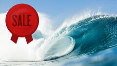La ola de Pipeline, donde se disputa una prueba de la World Surf League. En Oahu, Haw&aacute;i, Estados Unidos. Con el logo de &#039;sale&#039; encima. 