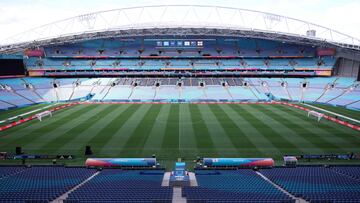 A general view shows the pitch and seating area of Stadium Australia in Sydney on August 15, 2023 on the eve of the Women's World Cup semi-final football match between Australia and England. (Photo by FRANCK FIFE / AFP)